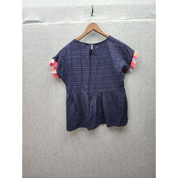Andrée By Unit Navy Blue Eyelet Top With Colorful Trim Accents S 100% Cotton She - Picture 5 of 5
